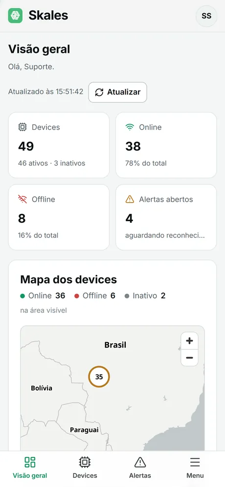 Skales no celular: visão geral com total de equipamentos e mapa